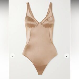 Spanx Shaping mesh-trimmed stretch-satin thong bodysuit